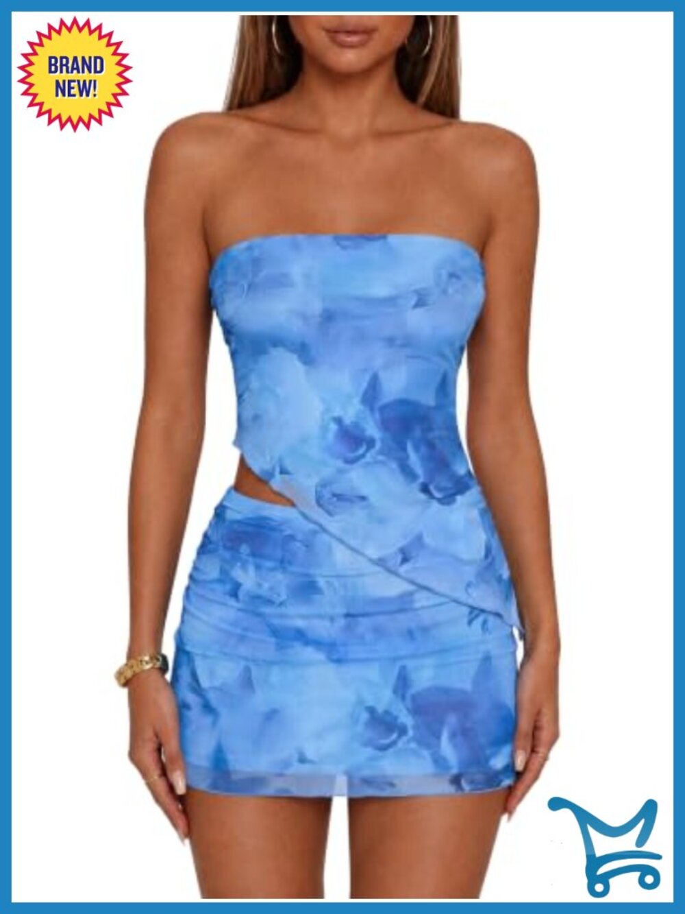 Women's Two Piece Skirt Set Mesh Strapless Top Mini Skirt Y2K Summer Outfit
